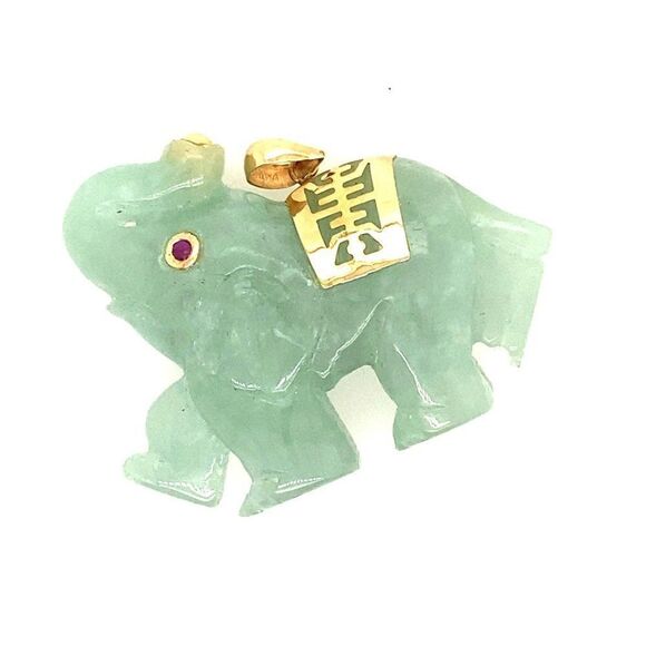 10k Jade Elephant with Ruby Eye Pendant - Picture 1 of 5
